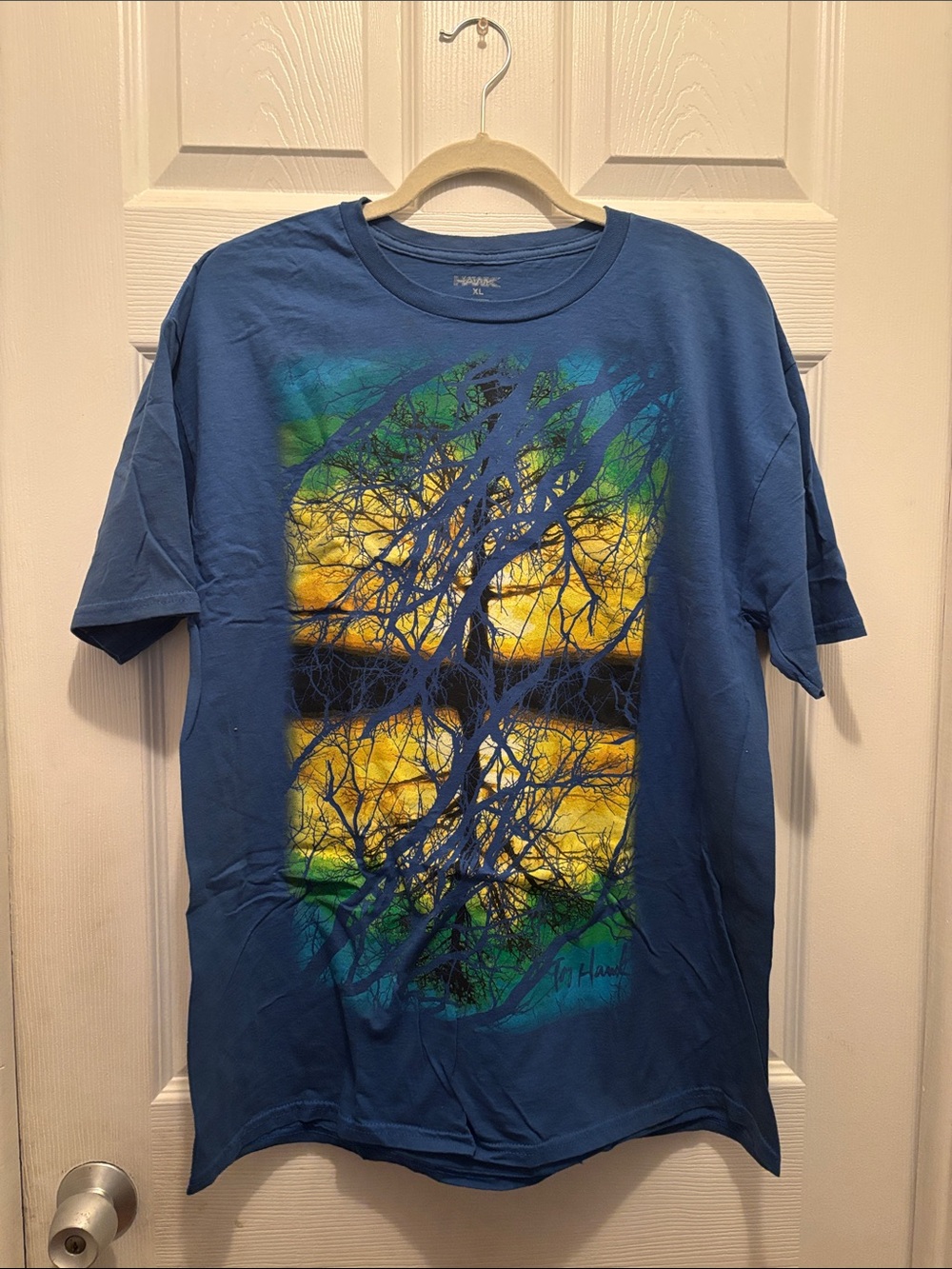 Tony Hawk Blue Crewneck Tee with Yellow & Green Tree Graphic
